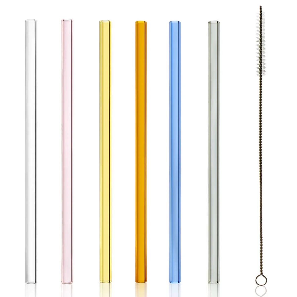 Outlet 6 Glas-Trinkhalme & Bürste | | Bunt - 20 cm Glas Strohhalme|Trinkhalme